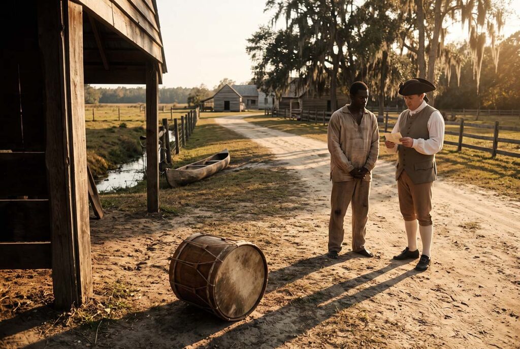 A silent drum and travel pass show sound and movement inside South Carolina's colonial system of control.