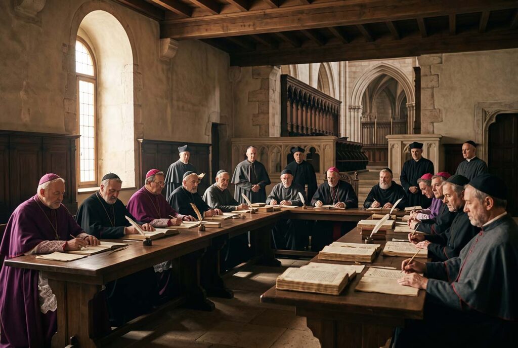 Catholic prelates at Trent deliberate over sacred music, textual clarity, decorum, and institutional boundaries