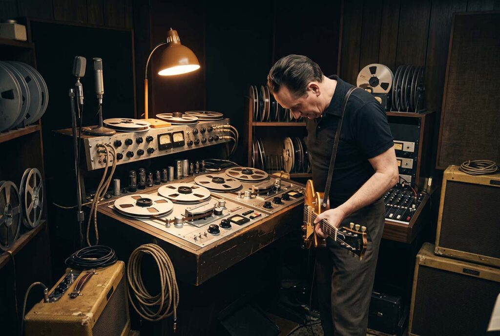 Les Paul with a 1957 eight-track tape machine demonstrating Sel-Sync and the expanding compositional power of the studio