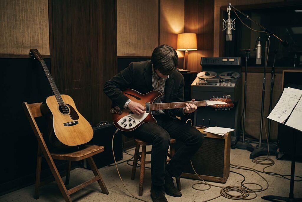 A 1960s studio joins acoustic and electric guitars as folk rock carries folk's language into commercial music.