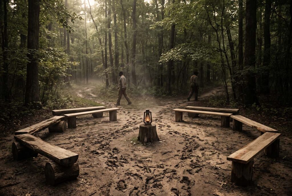 An empty wooded gathering place at dawn evokes the invisible institution and the limits of plantation control.