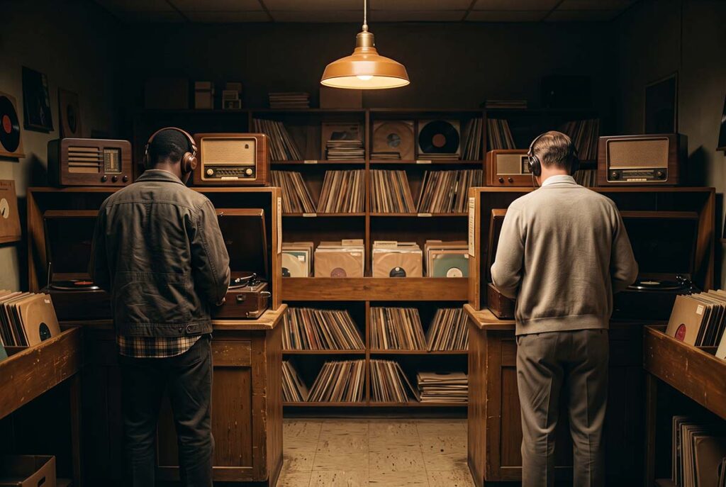 An early-1950s record shop visualizing how the same music moved through unequal and racially segmented markets