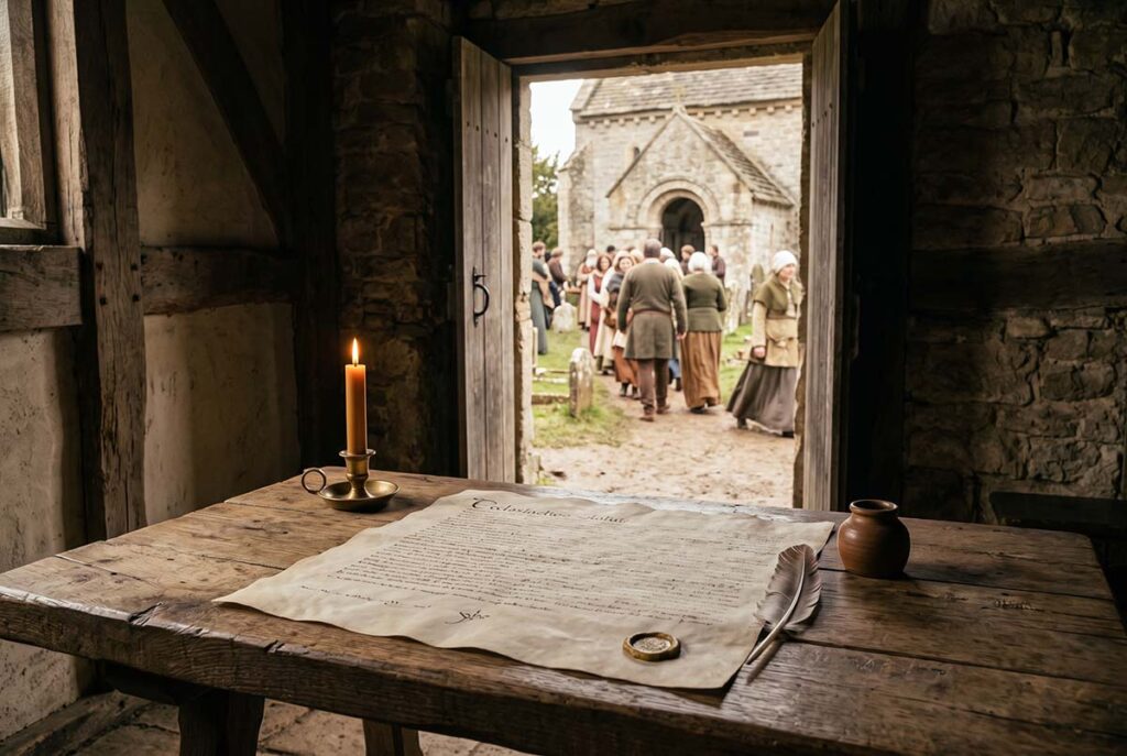 Medieval church statute sits beside a doorway where parish life continues, reflecting repeated regulation of churchyard customs.