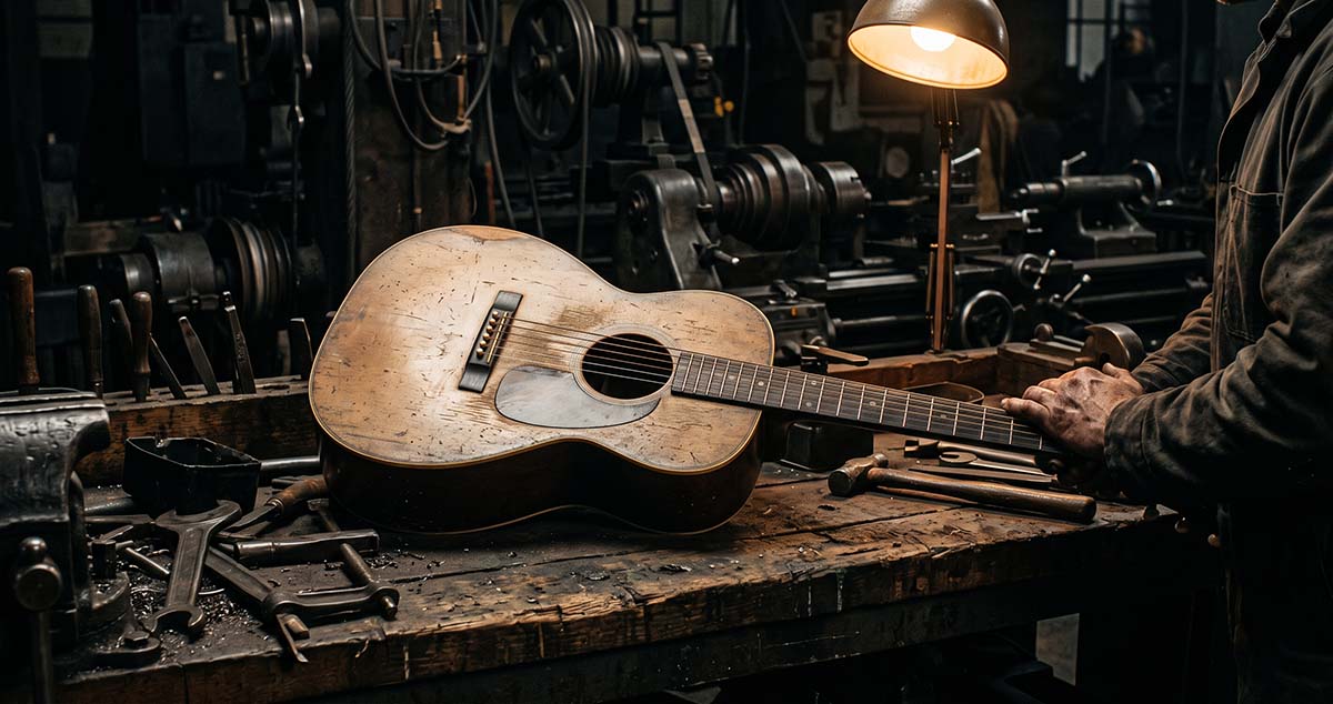 A 1940s acoustic guitar rests among factory machinery as a symbol of political transmission.