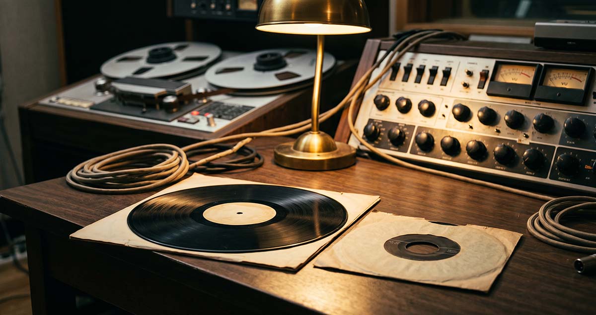 A 12-inch LP beside a 7-inch single in a 1960s recording studio, visualizing rock's album revolution