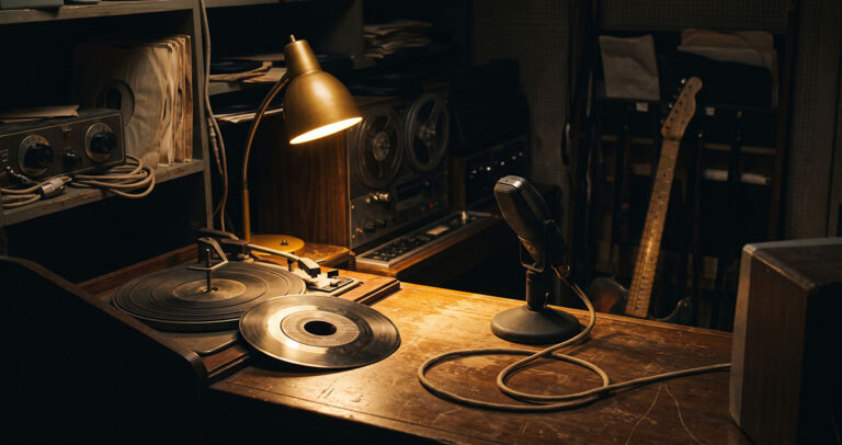 1950s radio booth with records, turntable, microphone, and tape equipment showing early rock's contested infrastructure