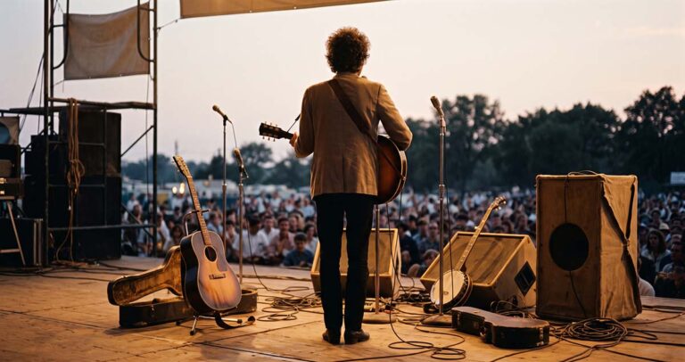 Bob Dylan plays electric guitar at the 1965 Newport Folk Festival as folk's argument over authenticity becomes public.