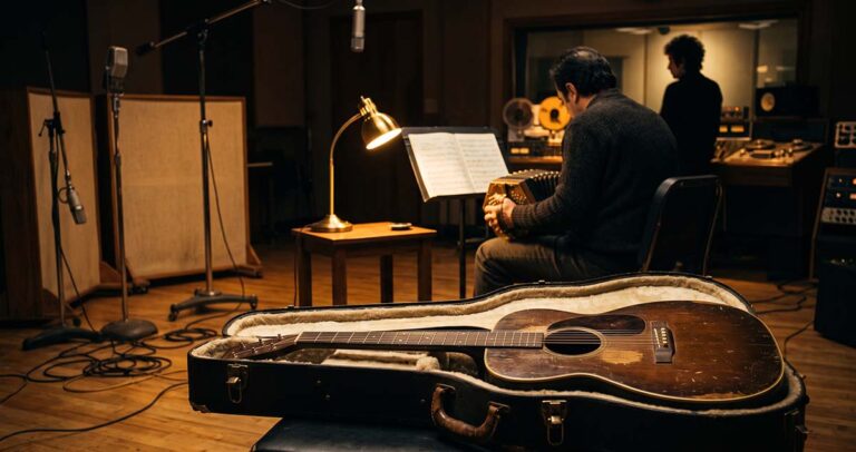 Small acoustic guitar beside the concertina experiment that restored Fred Carter Jr.’s part to The Boxer