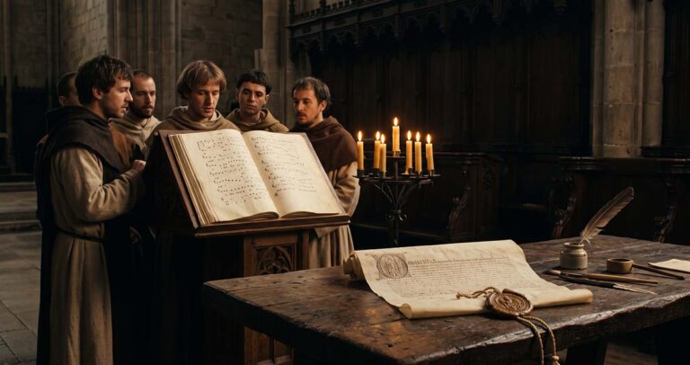 Medieval choir, parchment music and papal decree evoke Church authority over Ars Nova worship in Avignon.