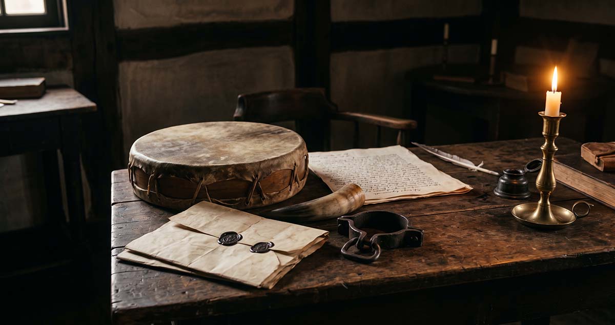Drum, horn and colonial papers evoke South Carolina's 1740 regulation of enslaved communication.