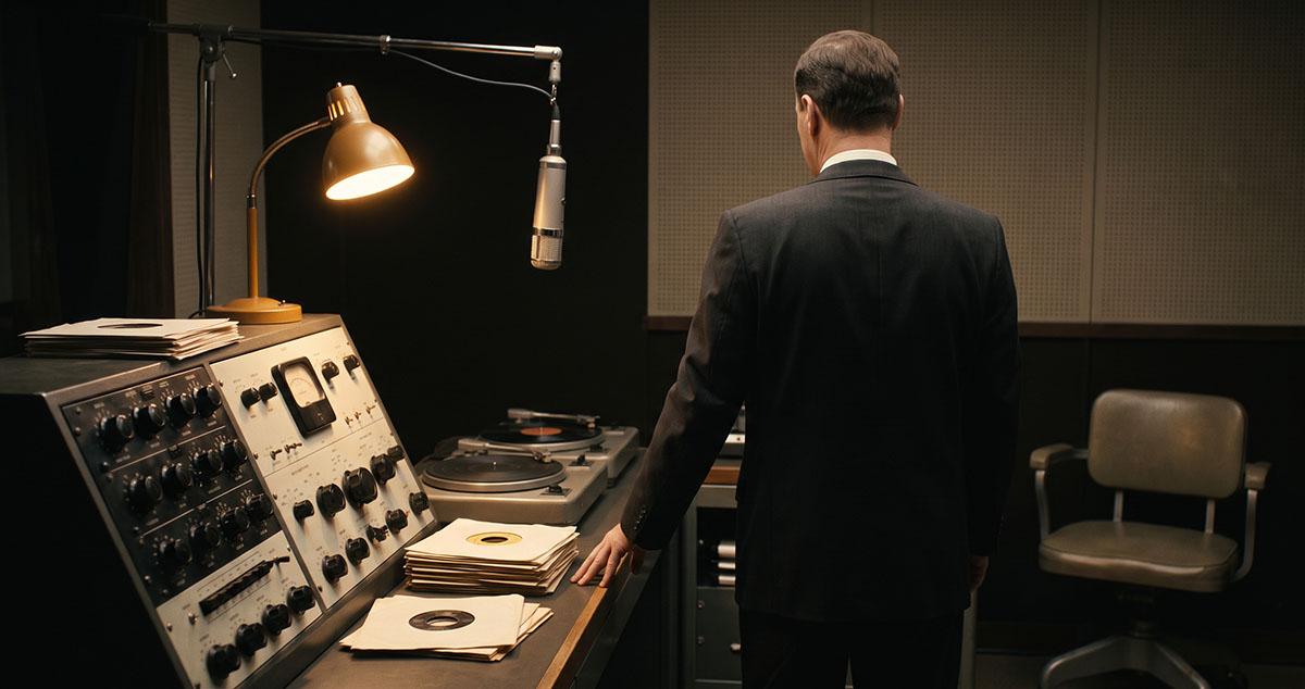 Alan Freed stands at a late-1950s radio console as the payola crackdown shifts control toward institutions.