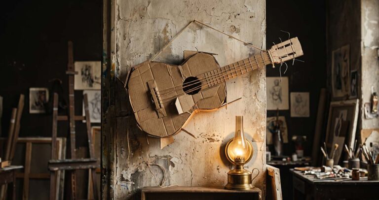 Picasso’s 1912 cardboard Guitar hanging on a studio wall as discarded packaging enters modern art