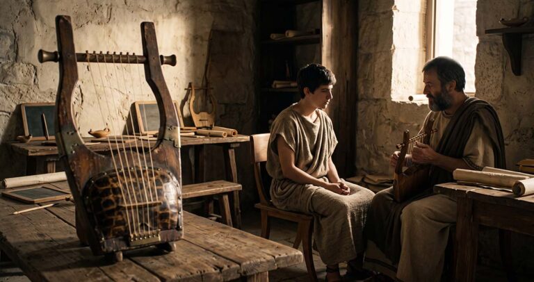 Ancient Greek student learns lyre as civic education, reflecting Plato's claim that music helped form character.