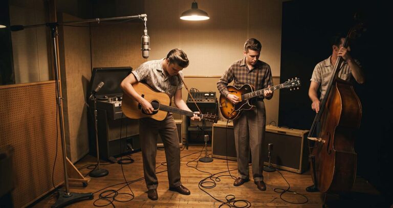 Three musicians in a small 1954 Memphis recording room as blues, country, and independent recording converge.