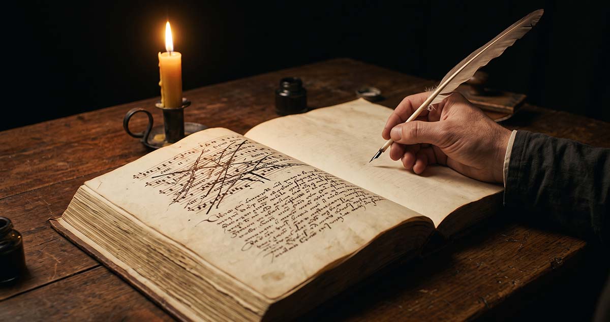 Florentine song manuscript being rewritten, representing Savonarola's use of familiar melodies for devotional purposes