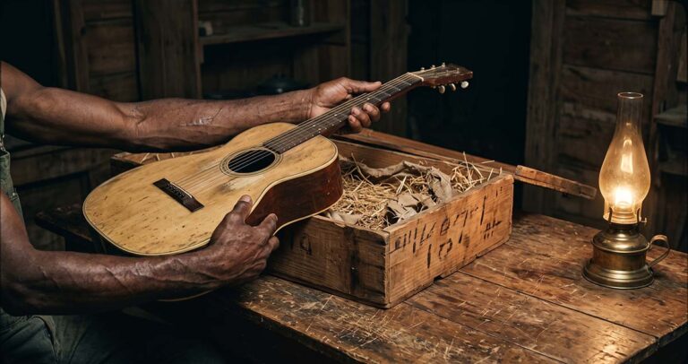 Black musician's hands lift a mail-order guitar from a crate, representing cheap access in the rural South.